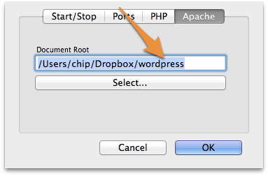 Point MAMP's Apache Preferences to your Wordpress folder within Dropbox