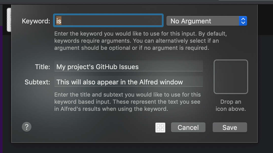 The Alfred Workflow Keyword dialogue