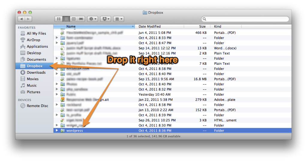 Put your Wordpress folder right in Dropbox
