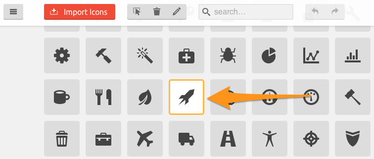 Picking an icon on IcoMoon is as simple as finding one you like, then clicking on it.