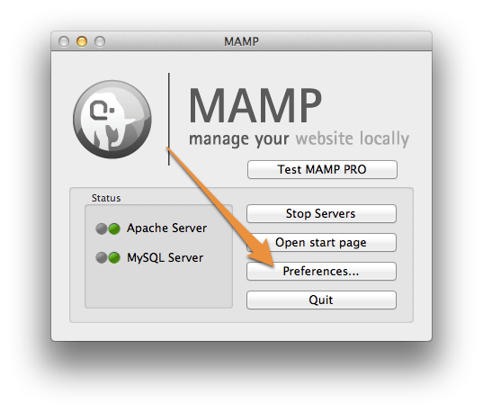 MAMP Start Screen - Click on "Preferences"