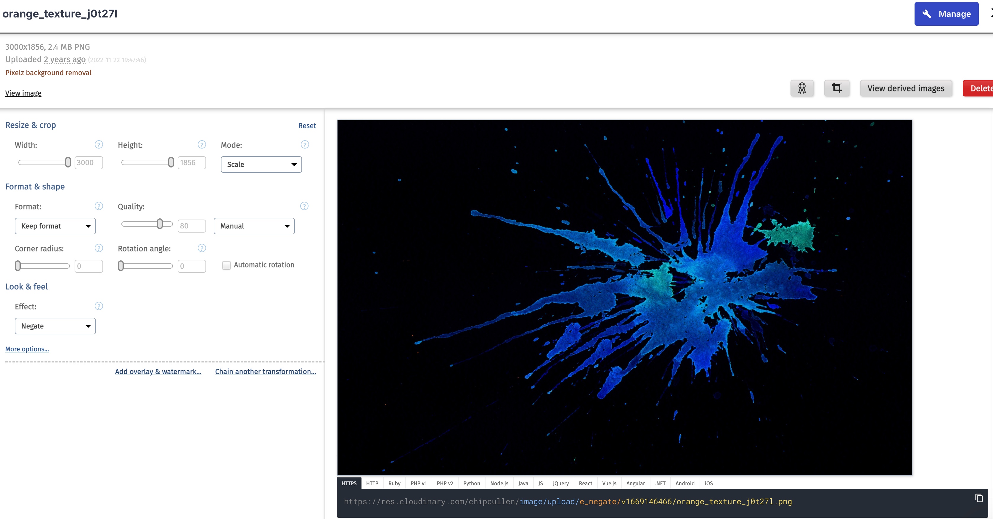 The Cloudinary advanced editor with the negate effect applied