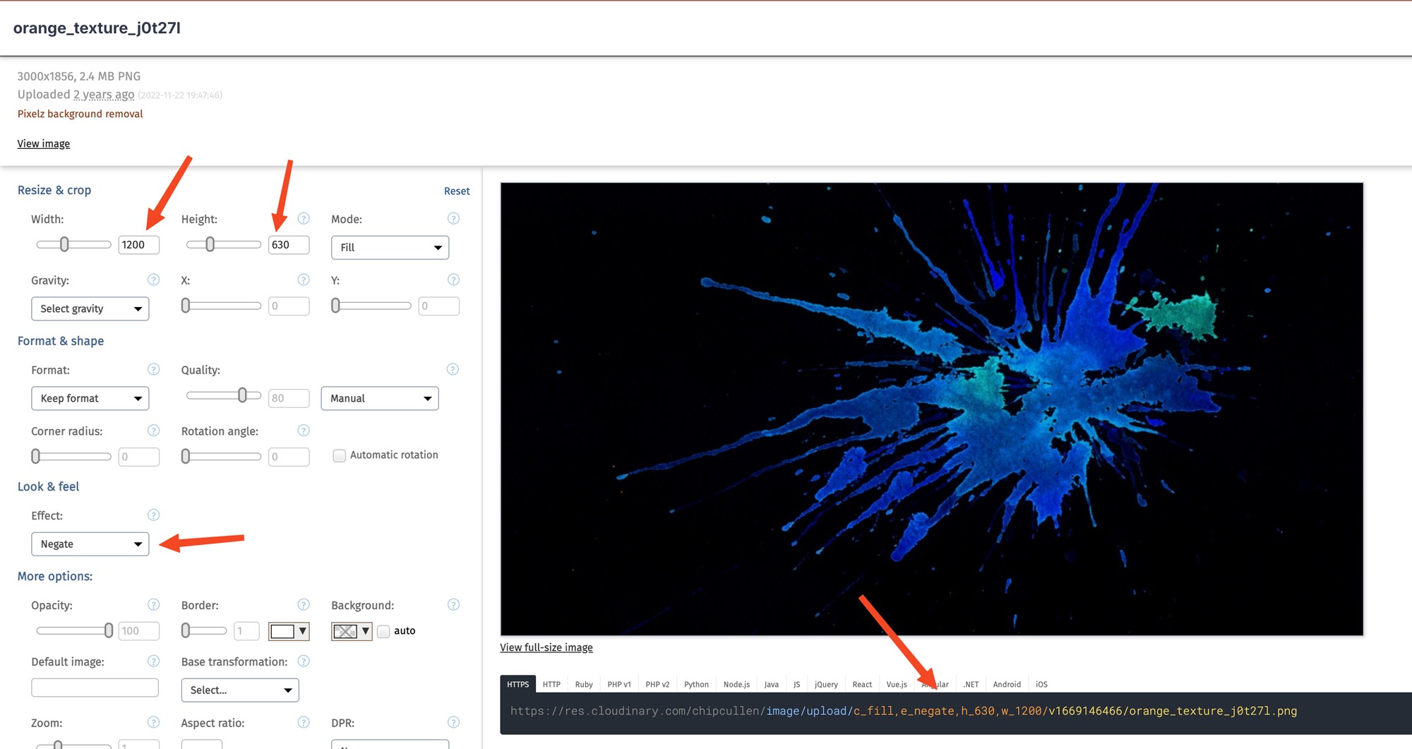 The cloudinary advanced editor with width, height, and effect options set.