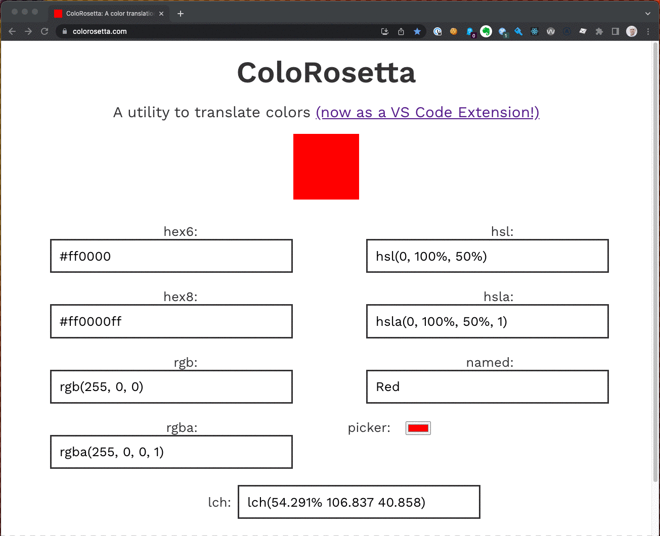 The favicon changing color as the user updates the color of ColoRosetta