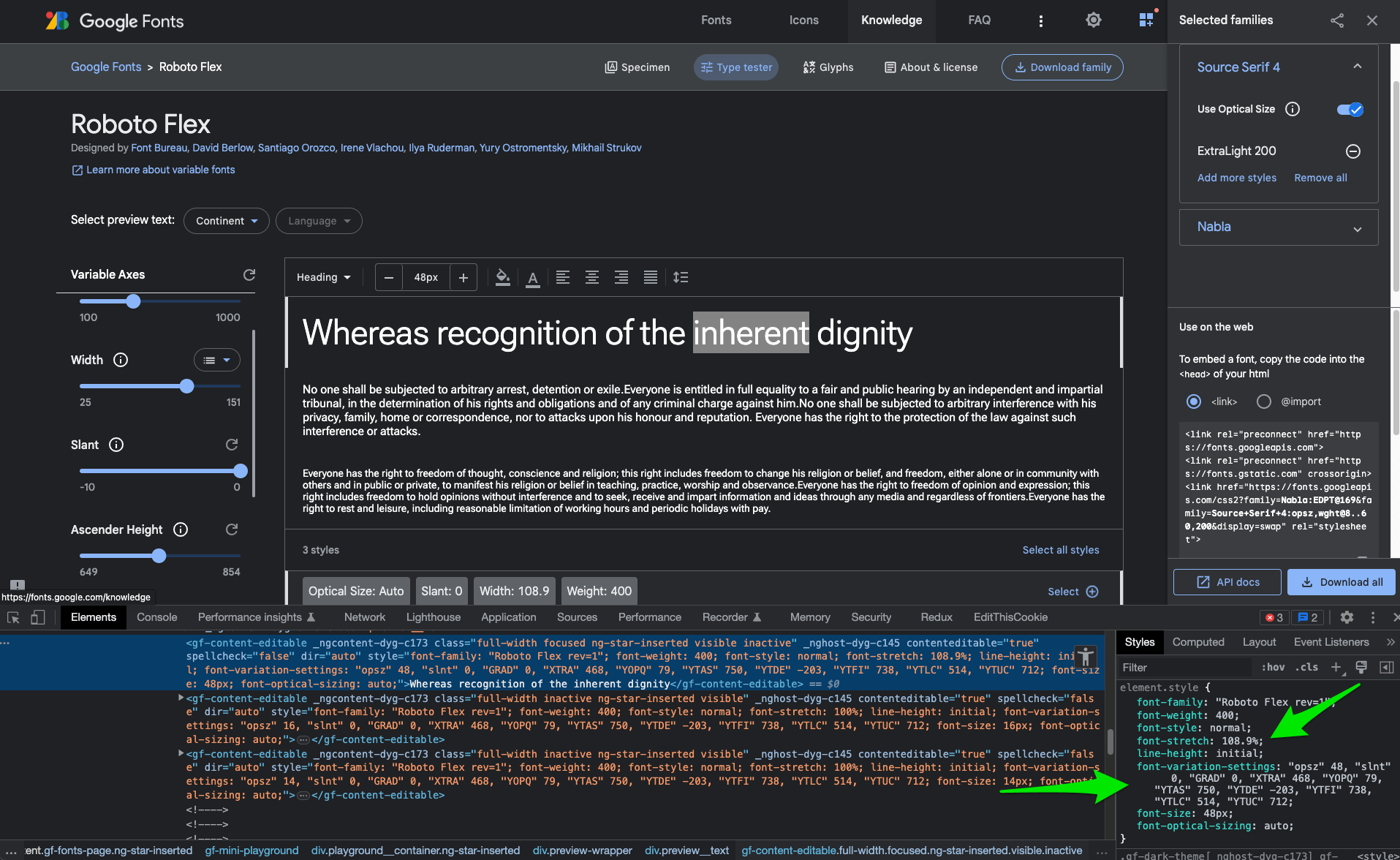 Using Dev Tools to inspect the Google Fonts interface and see what CSS is being applied