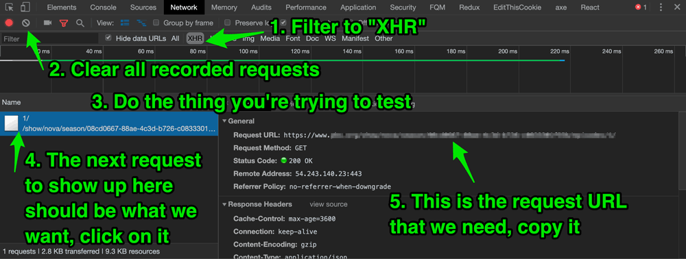 Chrome network tab filtered to XHR requests
