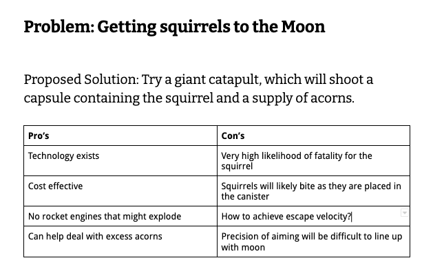 An example Pros / Cons list that captures the positives and negatives of using a giant catapult to get a squirrel to the moon