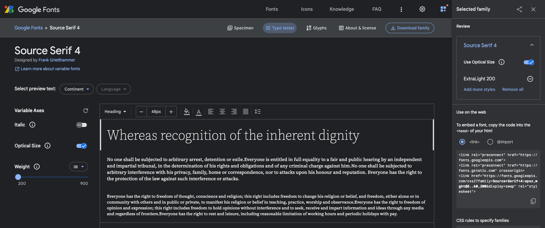 Source Serif 4 selected in the Google Fonts interface